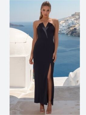 Betsy & Adam Tuxedo Strapless Black Gown Slit Formal Evening Dress 8